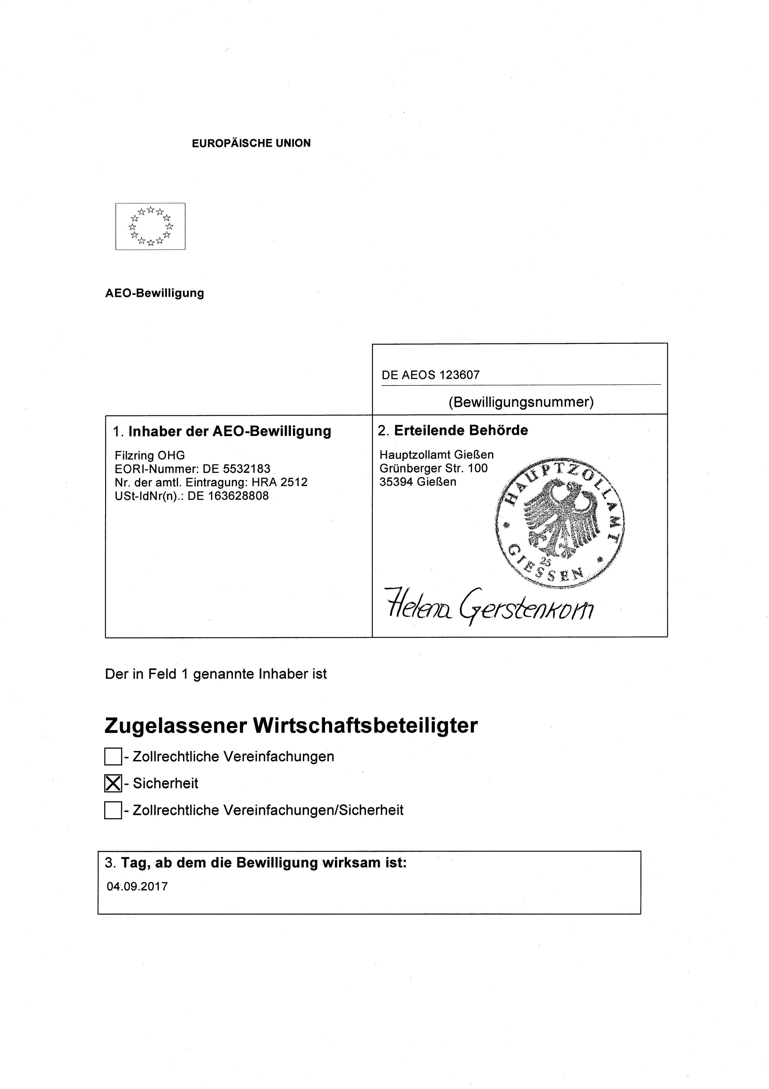 AEO-S (Zoll Zertifikat) der FILZRING OHG